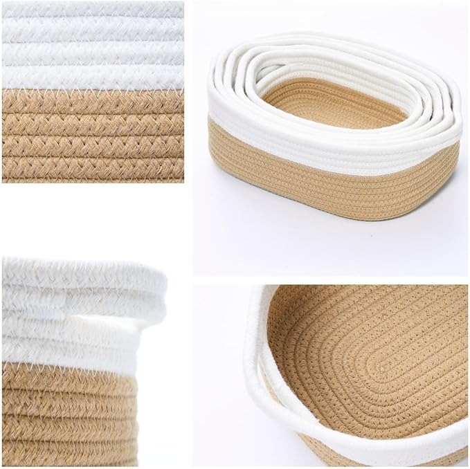 Storage Basket Set – 5-Piece Baskets for Organizing Home, Shelves, Nursery, Bathroom, Dog Toys, Small to Large Decorative Baskets – White and Khaki