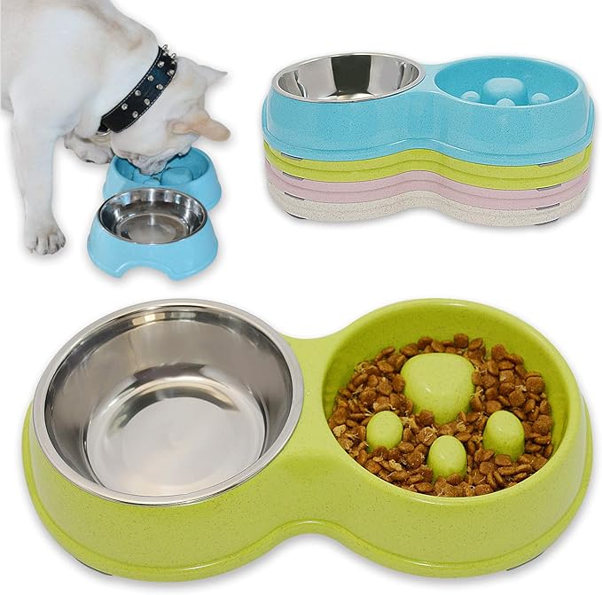 Dog Slow Eating & Drinking Bowl,Stainless Steel Interactive Slow Feed Dog Bowl for French Bulldog,Slow Down Eating Eco-Friendly pet Bowl for Frenchie (Green)