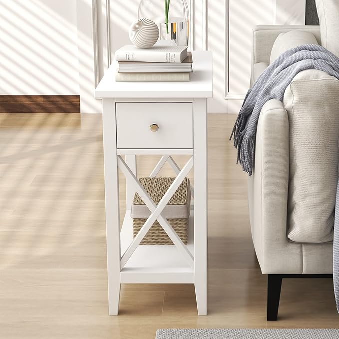 ChooChoo End Table, Flip Top Narrow End Table with Drawer, Accent Small Side Table Nightstand for Living Room, Bedroom, and Small Spaces, White