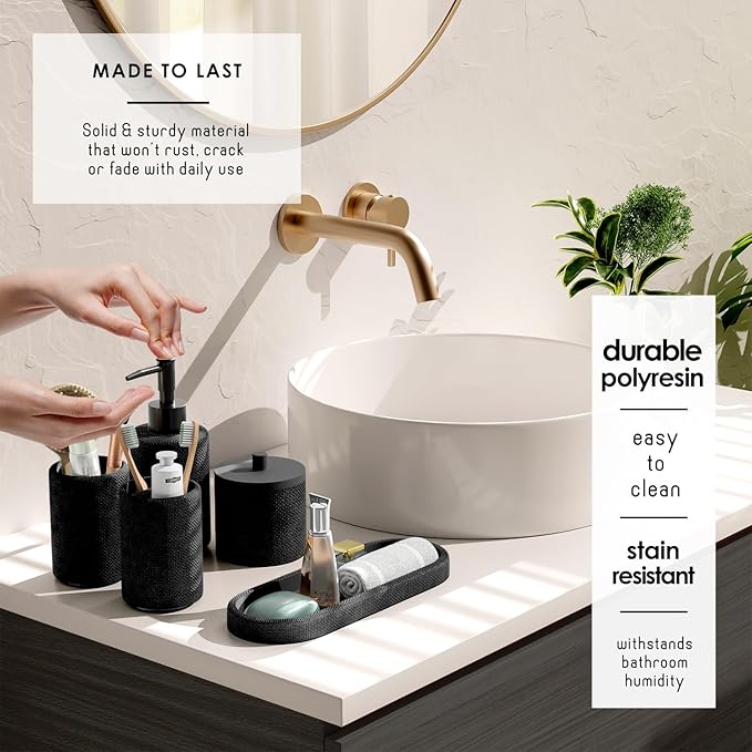 Clara Clark Bathroom Set - Black Bathroom Accessories Set, 5PC Bathroom Accessory Set, Bathroom Sets with Soap Dispenser, Toothbrush Holder, Tumbler, Cotton Swab Jar & Vanity Tray