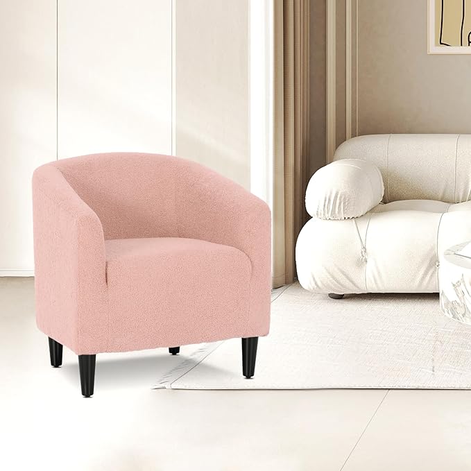 Athena Collection Modern Barrel Accent Chair, Furry Cozy Reading Arm Chair for Adults, Soft Comfy Upholstered Sofa Armchair for Corner, Living Room, Bedroom, Reception Room, Pink