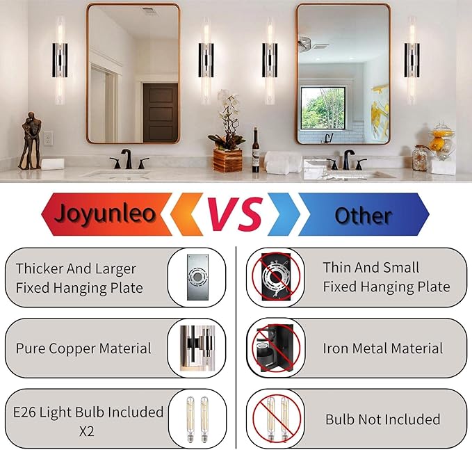 Chrome Wall Sconces, 22.8" Bathroom Sconces, Indoor Sconces Wall Lighting Up and Down, Nickel Wall Sconce Set of Two Dimmable, Vanity Lights for Bathroom with Tube, Glass Sconce for Bedroom, Staircase