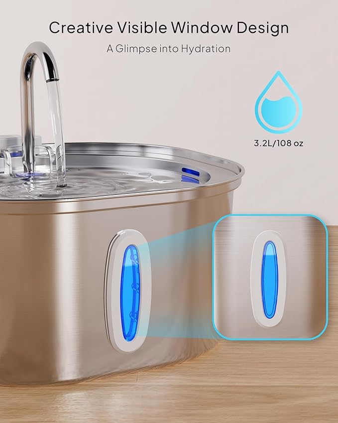 PEKTACO Stainless Steel Cat Water Fountain, 3.2L/108oz Cat Water Dispenser with Quiet Water Pump, Dishwasher Safe Pet Drinking Fountain for Cats with 3 Filters + 3 Sponges