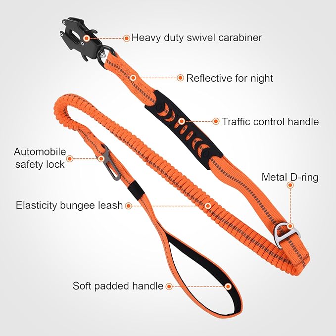 Heavy Duty Dog Leash, 4-6 Ft Shock Absorbing with Heavy-Duty Seatbelt Buckle & Dual Handles - No Bungee, for Medium to Large Dogs (Orange)