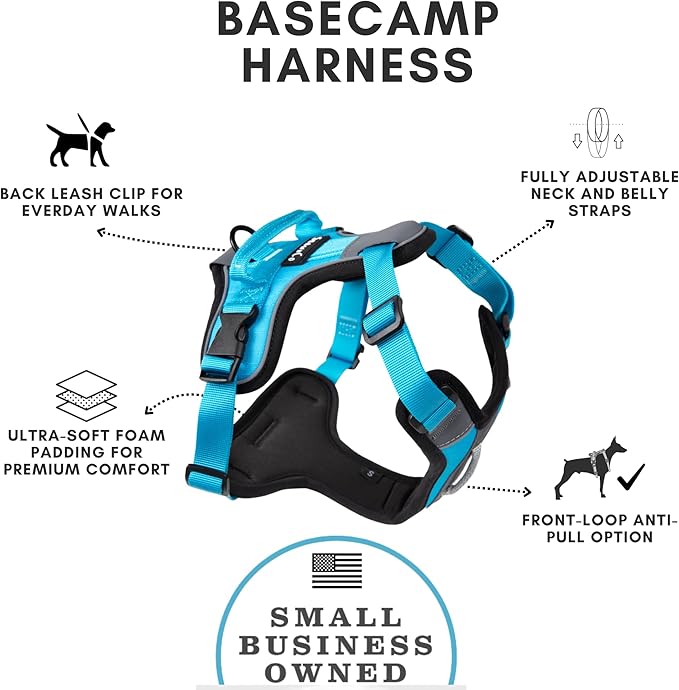ShawnCo Basecamp Dog Harness, No-Pull Pet Vest with 3 Leash Clips, Padded, Reflective, Lightweight and Adjustable Harness with Handle for Small, Medium and Large Dogs (Oceanic Blue, XL)