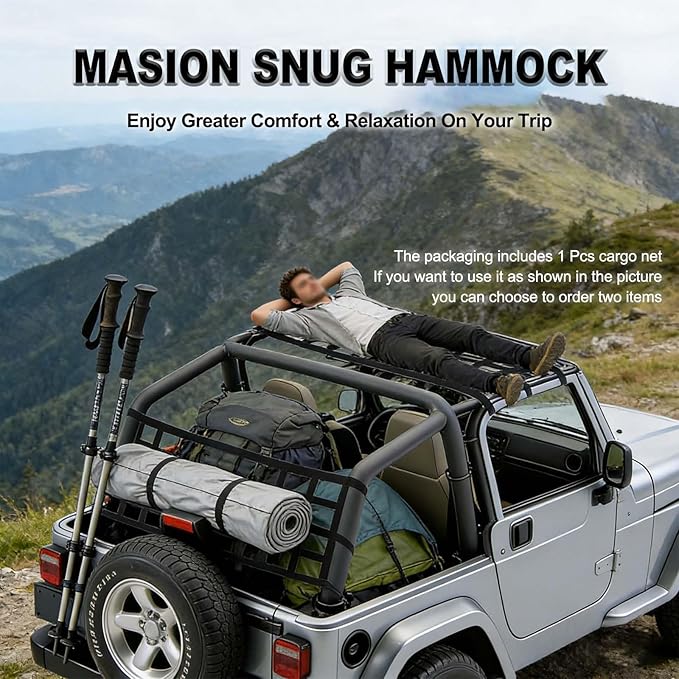 Universal Car Cargo Net & Hitch Hammock, Oversized Heavy-Duty Mesh Netting for Jeep Wrangler TJ JK JL 1997-2023 2/4 Door, Multi-Purpose Cargo Organizer, Camping Gear, Pet Barrier & Travel Accessory
