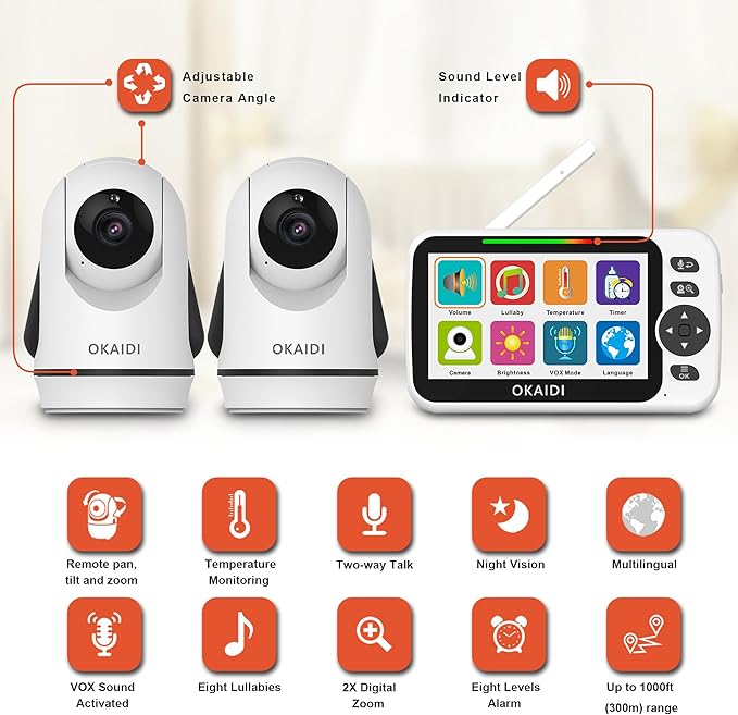 OKAIDI Video Baby Monitor with 2 Cameras, 5" Display Baby Monitor No WiFi, 30H Battery and 1000ft Range, Remote Pan-Tilt-Zoom Baby Camera, 2-Way Talk, 8 Lullabies, for Baby Pet Elderly
