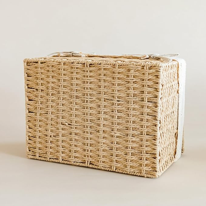 Wicker Shelf Basket with Lid Paper Storage Baskets for Shelves Small Storage Bin with Removable Liner Nesting Decorative Woven Basket for Makeup Closet Organizer (Small, Khaki)