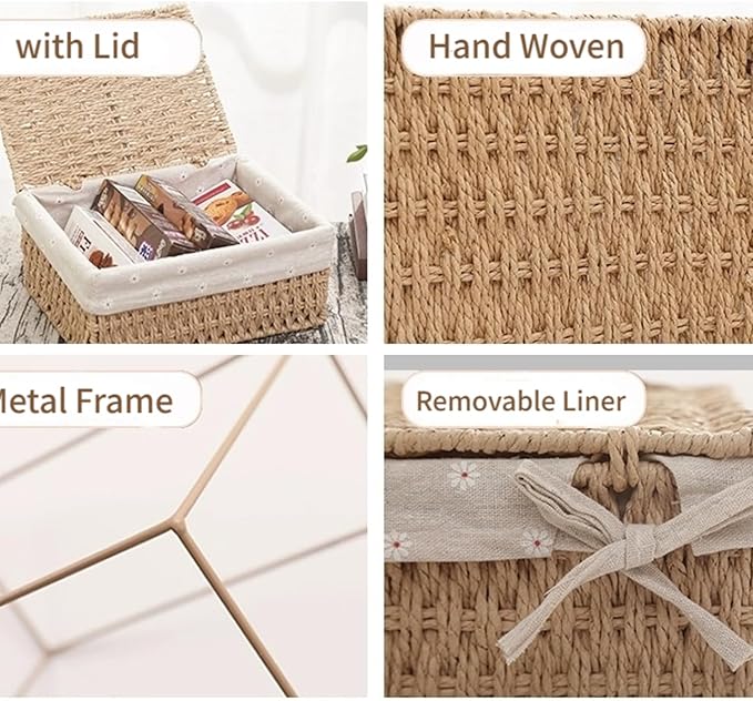 Wicker Shelf Basket with Lid Paper Storage Baskets for Shelves Small Storage Bin with Removable Liner Nesting Decorative Woven Basket for Makeup Closet Organizer (Small, Khaki)