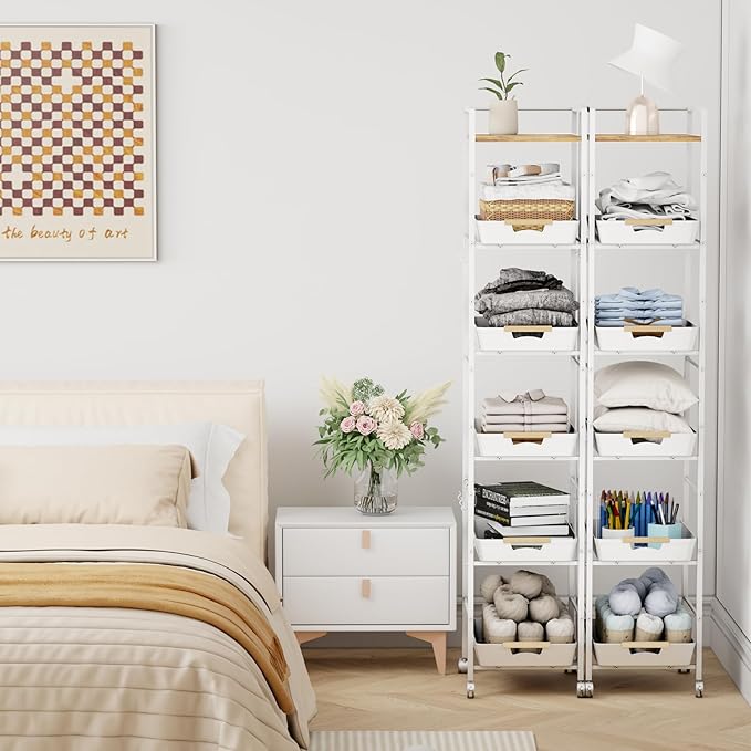 6 Tier Storage Cart with Pull-Out Baskets Rolling Storage Cart with Wheels Wood Top Organizer Rolling Utility Cart for Pantry Laundry Room Bathroom Kitchen White 14.5”D x 13”W x 64.1”H
