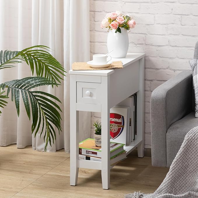 Narrow Side Table for Small Spaces, White, Set of 1, 24" L x 8.5" W x 24" H