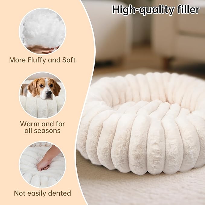 Donut Dog and Cat Bed, Luxurious Comfortable Faux Rabbit Fur Pet Beds, Round Anti-Anxiety Calming Puppy Kitten Bed with Anti-Slip Bottom for Small Medium Large Dogs & Cats(36", White)
