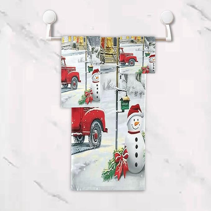 Pfrewn Red Xmas Tree Truck Winter Snowflake Dog Towels Set of 3 Christmas Winter Bathroom Towel Soft Absorbent Bath Hand Towels Washcloth Guest Towel Sets Merry Christmas Xmas Bathroom Decor Gifts