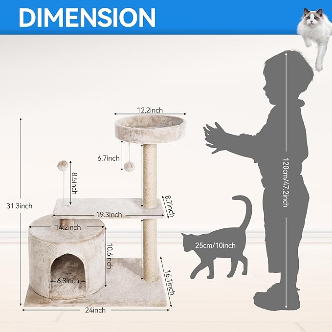FluffyDream 31 Inch Small Cat Tree Tower for Indoor Cats, Plush Cat Tower with Large Condo, Deep Hammock and Sisal Scratching Post for Kittens, Beige
