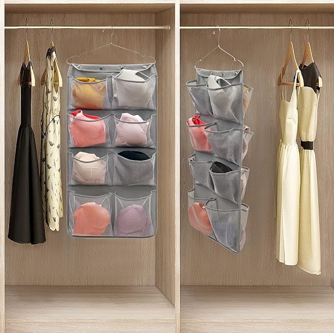 Dual Sided Hanging Closet Organizer Durable Socks Stocking Clothes Bra Accessories Storage Bag With 16 Large Pockets (Nylon Mesh Pockets)