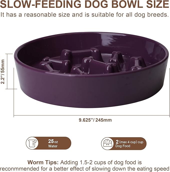 Ceramic Slow Feeder Dog Bowl, 1.5 Cup Dog Food or 20oz Water, Slow Eating Bowl for Small Breed, Maze Puzzle Feeder for Fast Eaters, Anti-Choking Stop Bloat, Non-Slip BPA Free (Purple)