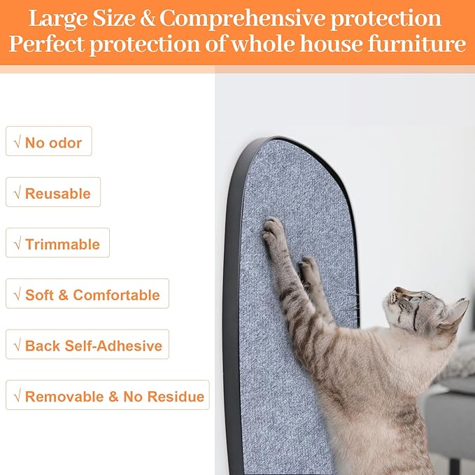 Uranshin Cat Scratch Mat, Trimmable Self-Adhesive Furniture Protector, Scratching Post Carpet 78.7"x15.8" Couch Protector From Claws (Light Grey)