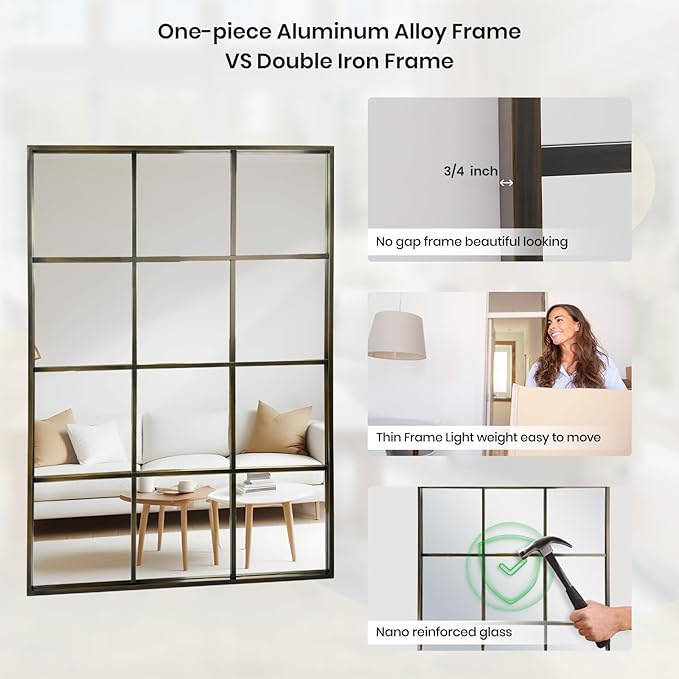 Windowpane Wall Mirror 30"x48" Bronze Wall Mounted Art Pane Mirror Farmhouse Decorative Mirror Leaning Hanging Wall Mirror for Bedroom Living Room Entrance Hallway Wall Decor