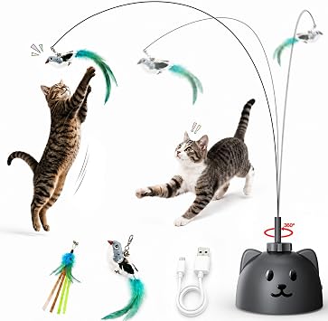 Interactive Cat Toys for Indoor Cats: Upgraded 360° Automatic Spin Flying Bird Feather Wand with Silicone Protected Rod Safe Play, Strong 8cm Suction Cup, USB-Rechargeable for Bored Kittens and Adult