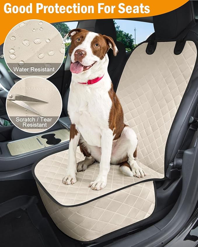 Dog Car Seat Covers Waterproof, Scratch-Proof Pet Front Cover for Cars, Nonslip Pet Passenger Seat Cover Protector, Universal Fit for Cars Trucks SUVs, Medium, Beige