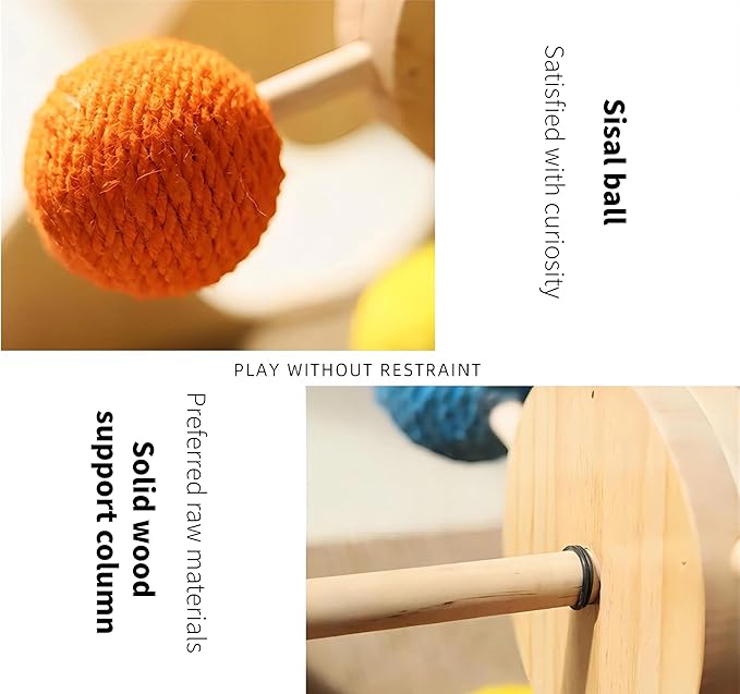 Solid Wood Turntable Toy,Ball Track Interactive cat Toy with Colourful Sisal Balls,Ferris Wheel Cat Toy with Rotating Platform and Durable Balls for Indoor cat