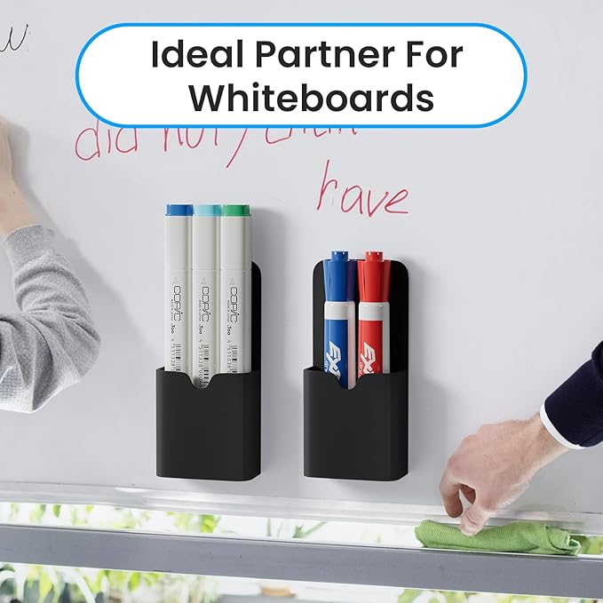 4 Pack Magnetic Marker Holder for Whiteboard, Wall Pen Holder Organizer for Dry Erase Markers, Pencils, Ideal for Classroom, Office, Refrigerator, and Locker (Black)
