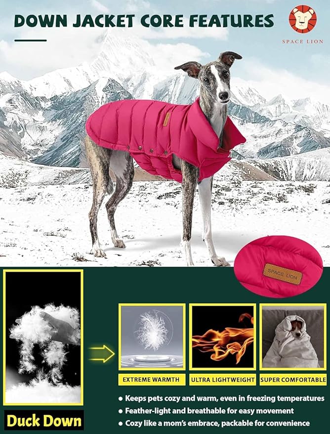 SPACE LION Dog Puffer Jacket, Down Winter Coat, Durable Outdoor Coat for Cold and Windy Conditions, Lightweight & Adjustable Fit Coats for Large Dogs,(Red, Size26/3XL)