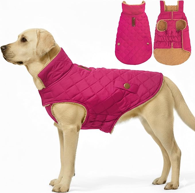 azuza Dog Jacket for Large Dogs Waterproof & Windproof Dog Coat for Small Dogs with Thick Fleece, High Collar with Leash Hole, Adjustable Velcro & Elastic Belly, Rose Red 3XL