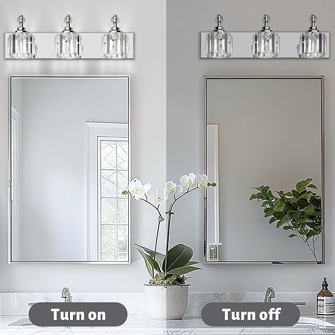 3-Light Bathroom Vanity Light - Crystal Bathroom Lighting Fixtures Over Mirror with 60w(Max) E12 Base, 42pcs Crystal Sheet, Chrome Vanity Lights for Bath Room