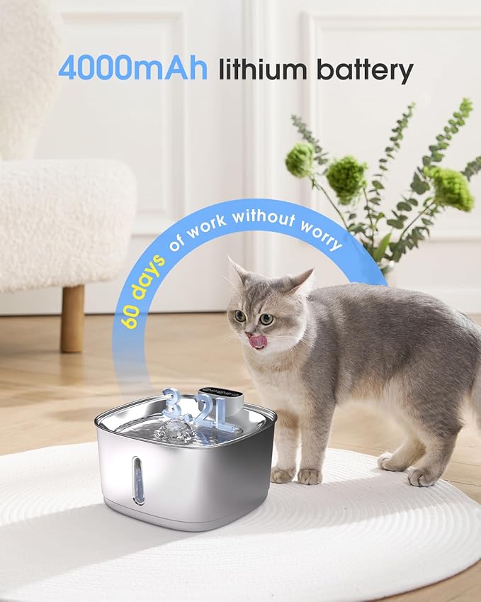 Wireless Cat Water Fountain Stainless Steel, Smart Pet Water Fountain Cordless,3.2L/108oz with Filters and 2 Spray-Head,Pet Water Fountain for Cats Dogs Indoor