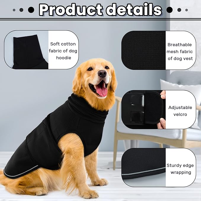 IDOMIK Dog Anxiety Calming Hoodie,Breathable Dog Anxiety Jacket Vest Coat for Thunderstorms,Fireworks,Vet Visits,Separation,Adjustable Pet Hoodies for Noise Block&Ear Protection Recovery,Black,M