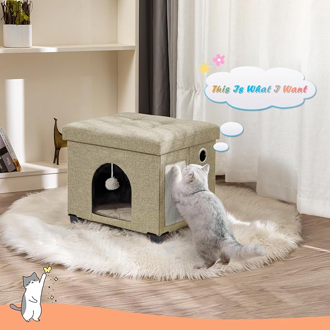 BRIAN & DANY Foldable Cat House, Cat Cave, Cat Cube with Scratch Board & Ball, 14.7" x 14.1” x 12.7”, Light Khaki