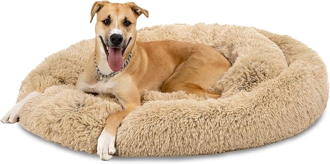 Best Choice Products 45in Dog Bed Self-Warming Plush Shag Fur Donut Calming Pet Bed Cuddler w/Water-Resistant Lining, Raised Rim - Brown