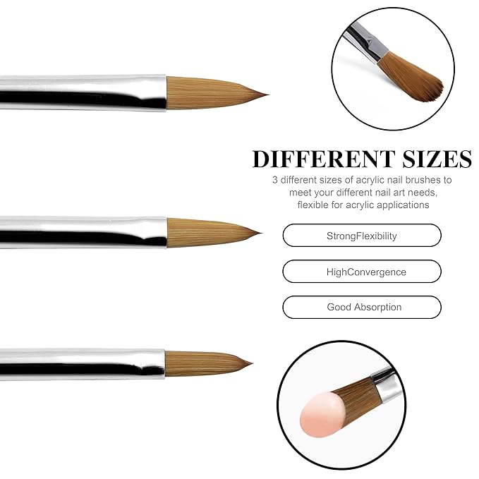 3pcs Acrylic Nail Brush Set | Black Professional-Grade Brushes For Powder, Extensions & Nail Art | Salon & Home Use For Beginner And Professional (Size 8/10/14)