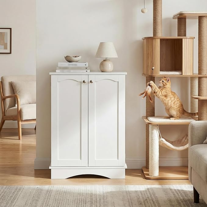 Dog Storage Cabinet with Bowls, Pet Food Storage Cabinet with Adjustable Shelves, Hidden Dog Feeding Station with Hooks, Letter Stickers, Pet Storage Organizer for Cats and Dogs, White
