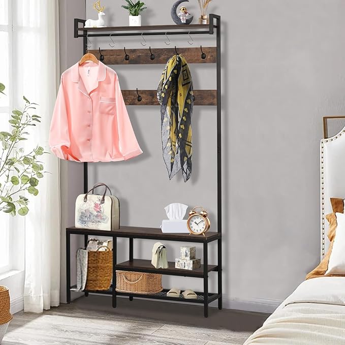 Coat Rack with Shoe Storage, 5 in 1 Entryway Furniture, Hall Tree with Bench and Shoe Storage, Coat Rack Freestanding with 14 Hooks and a Hanging Rod