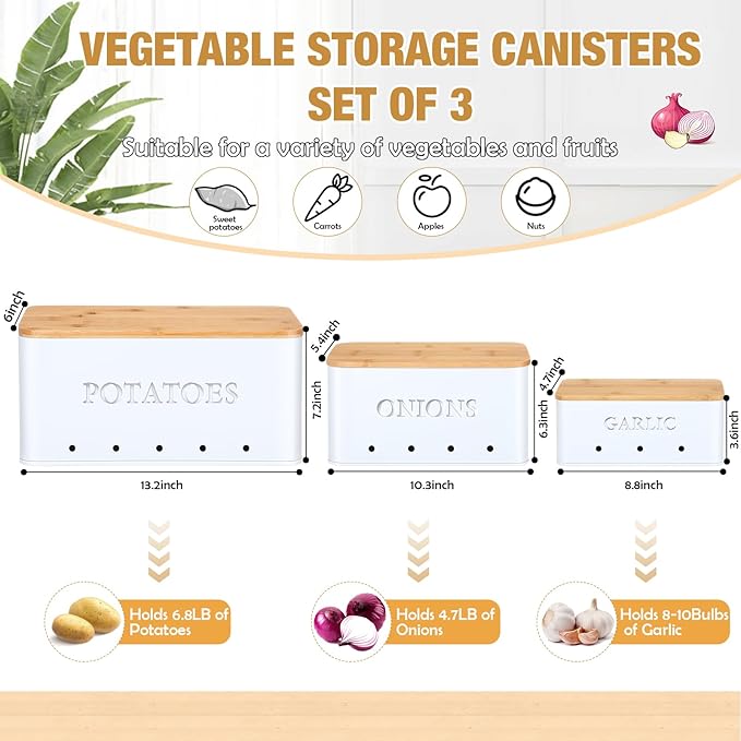 Honeydak 3 PCS Potato Onion Garlic Storage Bins Set, Metal Vegetable Keeper Containers with Lids Aerating Holes for Kitchen Counter Pantry Keep Fresh Longer Farmhouse for Sweet-potato Fruit(White)
