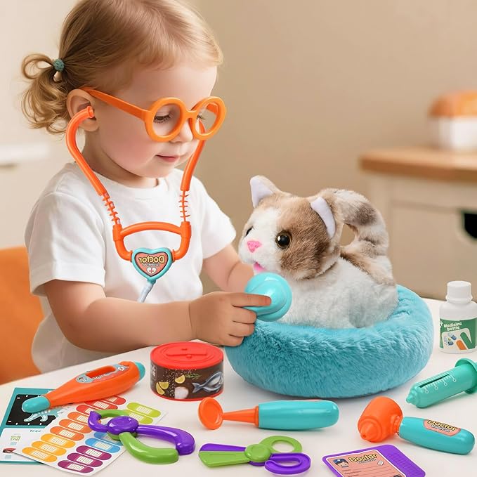 17PCS Interactive Cat Toys for Kids, Toys for 3 4 5 6 7 8 Year Old Girls Kids Boys, Walking & Meowing Cat Toy with Sound, Veterinarian Playset for Toddlers, Idea Birthday Gifts for Little Girls