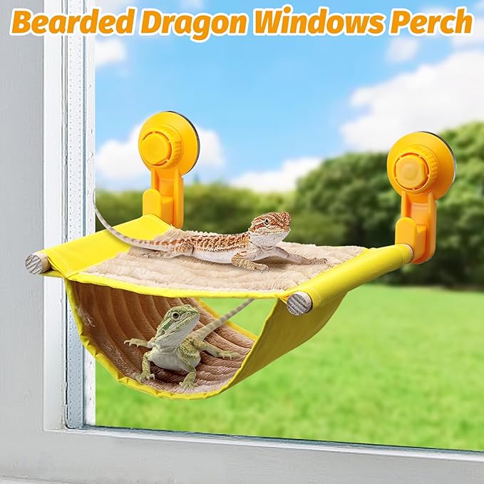 BNOSDM Bearded Dragon Windows Perch Reptile Hammock with Strong Suction Cups Soft Warm Lizards Bed Double Layered Cage Accessories for Chameleon Geckos Snakes (Yellow)