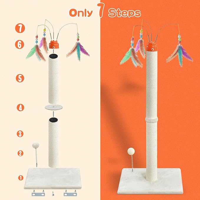 Cat Scratching Post ，41.3" Sisal Rope Cat Scratcher Tall Scratching Post for Indoor Cats Adult with Interactive Cat Toys Automatic Teaser Wand and Rotating Hanging Balls