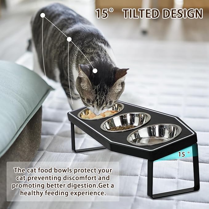 Gothic Cat Food Bowls Elevated, Raised Cat Bowls for Indoor, Non-Slip Stand & Wood Board, Stainless Steel and Whisker Friendly Food Bowls (Cat Bowl*3)