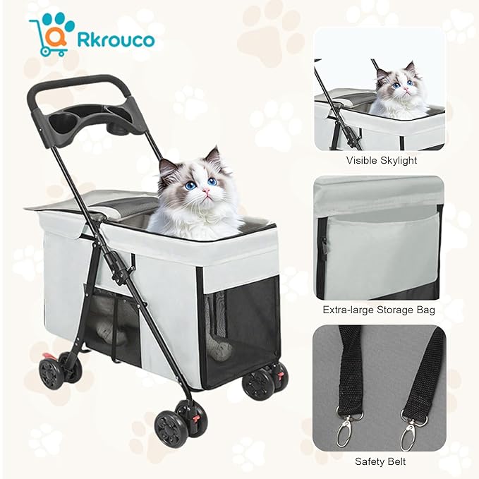 Foldable Pet Stroller for Small Medium Cat Dogs Portable Pets Carriers Strollers with 4 Wheels Up to 55Lbs Puppy Strolling Cart Travel (Gray)