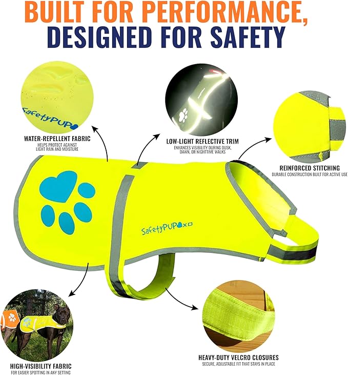 SafetyPUP XD Dog Reflective Vest – Hi-Vis Fluorescent Visibility That Helps to Safeguard Your Pet On/Off Leash in Urban & Rural Areas (Yellow, Medium)