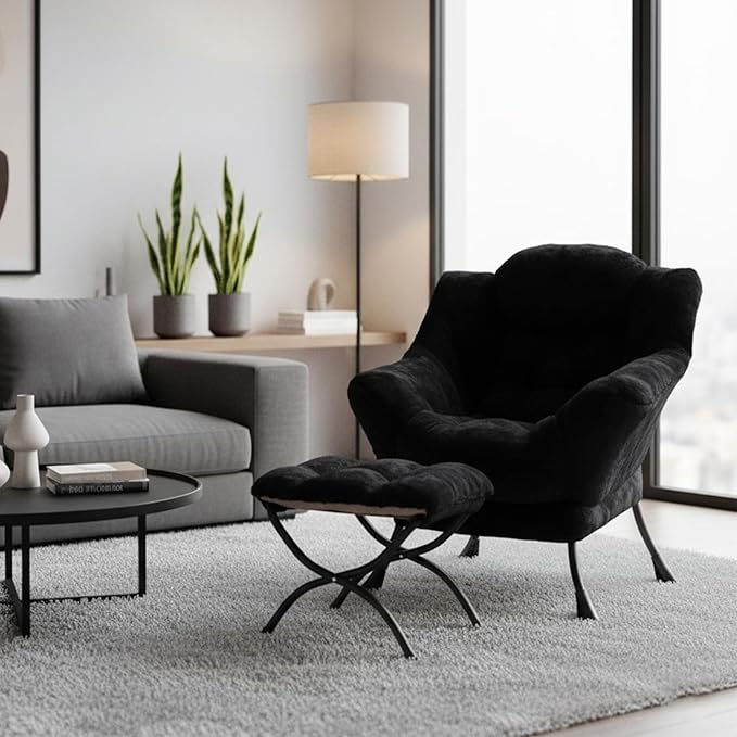 Welnow Lazy Chair with Ottoman, Modern Lounge Accent Chair with Armrests and a Side Pocket, Leisure Sofa Armchair, Reading Armchair with Footrest for Small Space, Plush Black