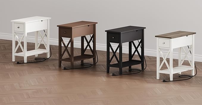 ChooChoo End Table with Charging Station, Narrow Side Table with USB Ports and Outlets, Nightstand with Drawer, for Small Spaces, Bedside Tables for Living Room, Black