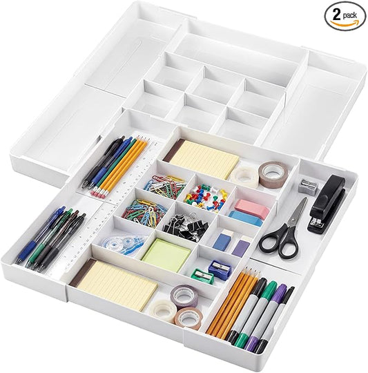 2 Pcs Large Expandable Acrylic Drawer Organizers, Grid Adjustable Drawer, Dividers Organizer for Desk, Makeup, Jewelry, Office, Kitchen Supplies (White,13 Compartments)