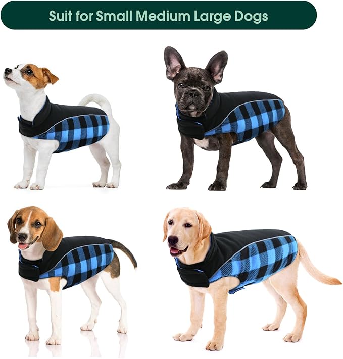 Kuoser Dog Winter Coat, Reversible Waterproof Dog Jacket with Reflective Strip, Warm Dogs Fleece Vest Adjustable Doggy Cold Weather Clothes Plaid Christmas Outfit Pet Apparel for Small Dogs, Blue XS