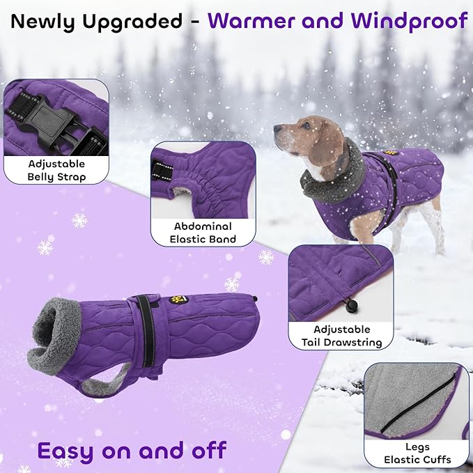 Dog Winter Coat, Adjustable Quilted Dog Snow Jacket with Fleece Lining, Water Resistant Pet Apparel for Cold Weather, Warm Large Doggie Coat with Leash Hole and Reflective Strip, NewPurple L