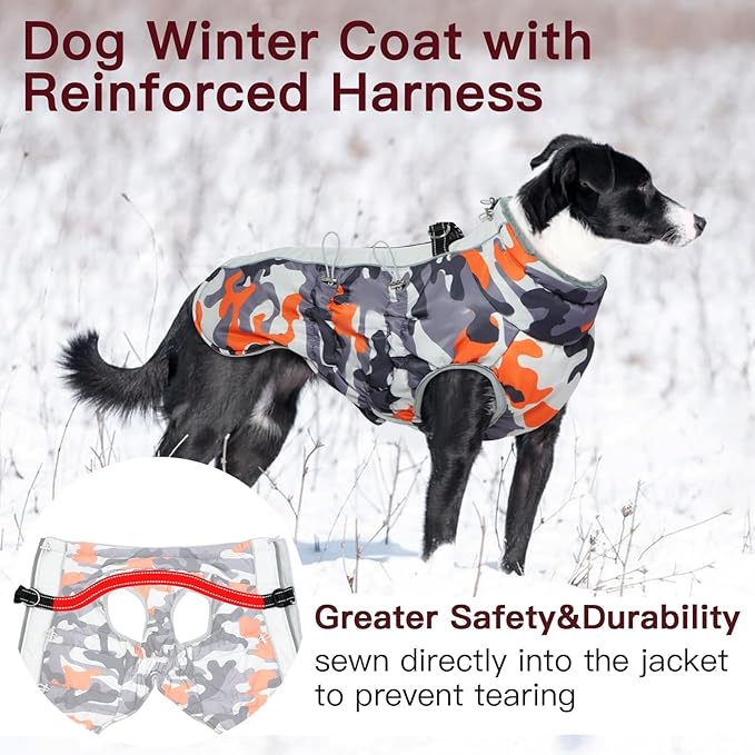 Dog Winter Jacket XX-Large Orange-Camouflage Water-Resistant Dog Coat with Harness for Large Dogs