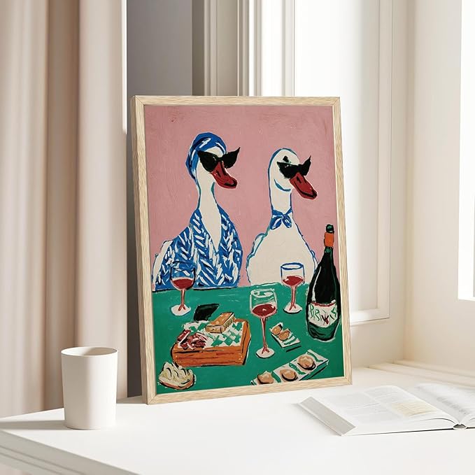 XJYISUO Framed Wall Art Duck Wall Decor Animal Canvas Art Wine Party Pictures Retro Paintings Funny Artwork For Kitchen Dining Room Bar